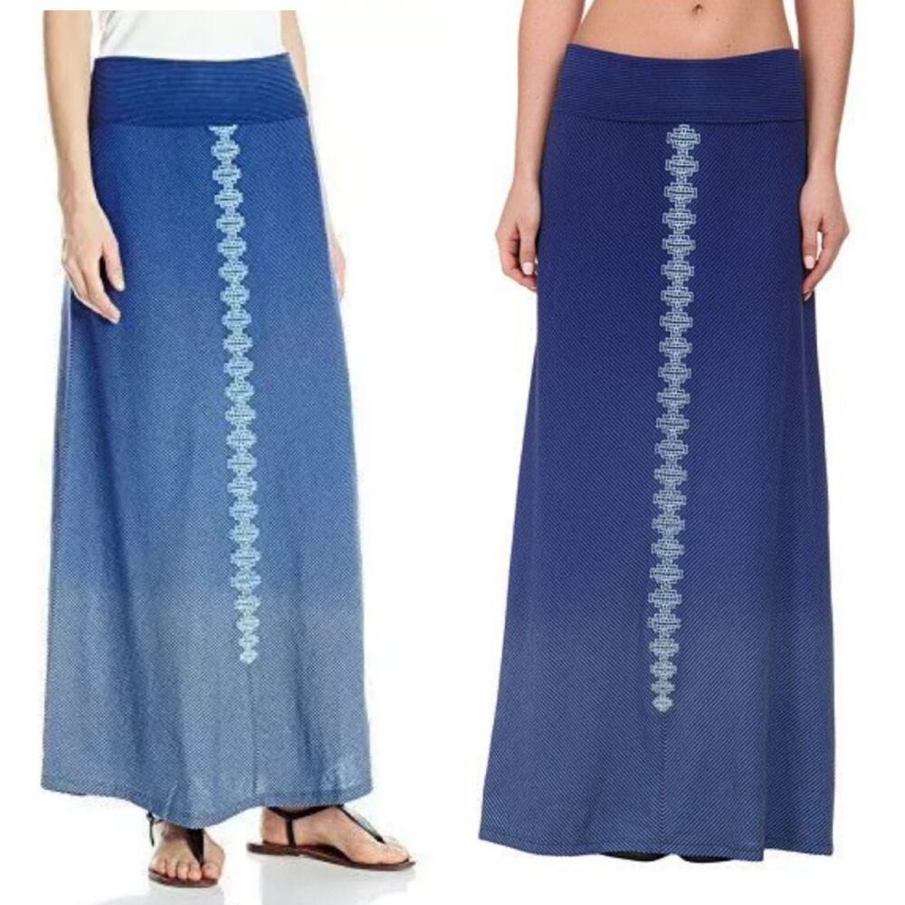 prAna Benita Maxi Skirt Embroidered Blue Jay Ombre Boho Organic Cotton W's Large